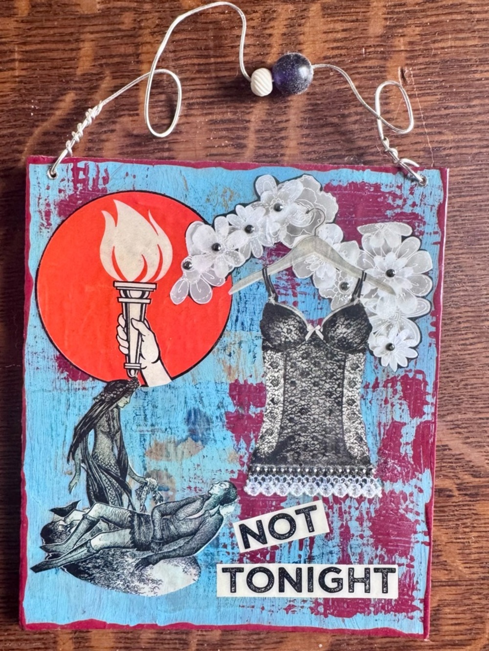 Kitsch Blue & Red Mixed-Media Wall Plaque with Lace Collage